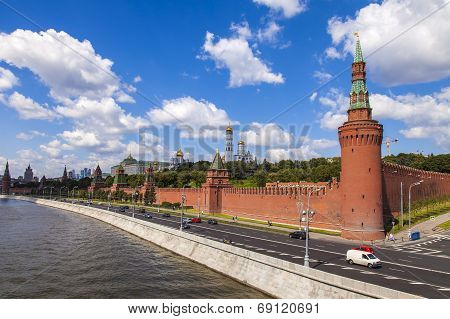 Moscow, Russia, on July 26, 2014. View of the Kremlin and Kremlevskaya Embankment of the Moskva Rive