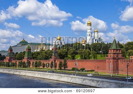 Moscow, Russia, on July 26, 2014. View of the Kremlin and Kremlevskaya Embankment of the Moskva Rive