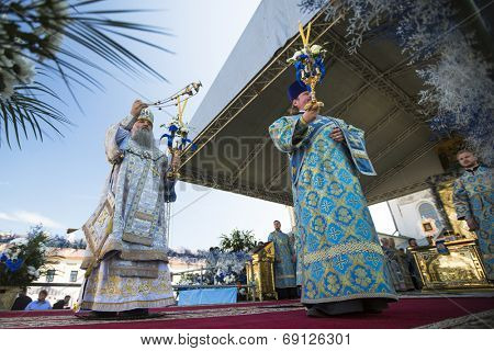 TIKHVIN, RUSSIA - JULY 9, 2014: Bishop Tikhvin and Lodeinopolskiy Mstislav celebrate Orthodox divine Liturgy on occasion celebrations of 10th anniversary of return of Tikhvin icon of Mother of God.