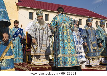 TIKHVIN, RUSSIA - JULY 9, 2014: Bishop Tikhvin and Lodeinopolskiy Mstislav celebrate Orthodox divine Liturgy on occasion celebrations of 10th anniversary of return of Tikhvin icon of Mother of God.