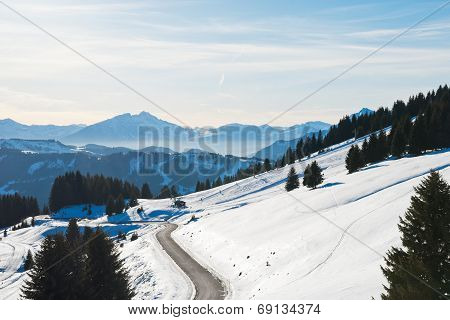 Mountain Road Near Avoriaz Town In Alps, Portes Du Soleil Region, France