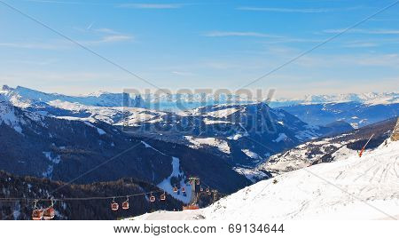 Ski Lift And Panorama Of Dolomites Mountain, Italy
