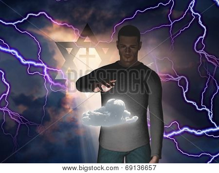 Man Hovers Cloud with Star of David and Cross in Storm with God Rays 