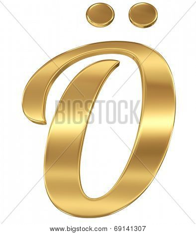 Golden shining metallic 3D symbol letter O umlaut - isolated on white