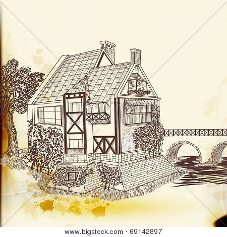 Hand Drawn Vector  House In Vintage Style