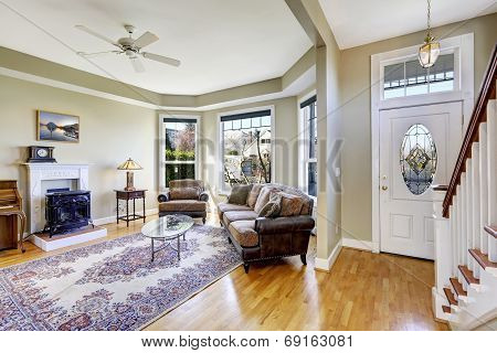 House Interior With Open Floor Plan. Living Room And Entrance Hall
