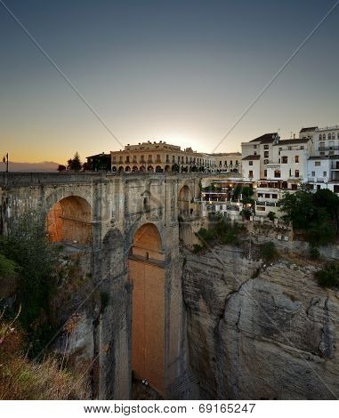 The New Bridge in the village of Ronda in Andalusia, Spain at evening