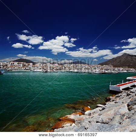 Luxury yachts and motor boats in Puerto Banus marina in Marbella, Spain