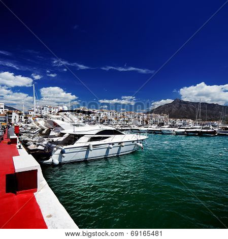 Luxury yachts and motor boats in Puerto Banus marina in Marbella, Spain
