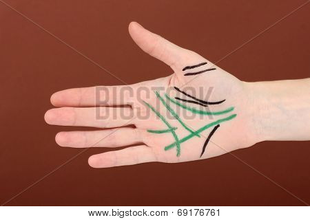 Chiromancy.Color contours on palm, on color background