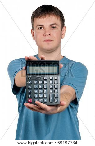 Portrait of man with calculator on isolated white background