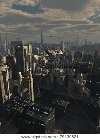 Shuttle Craft over the Future City