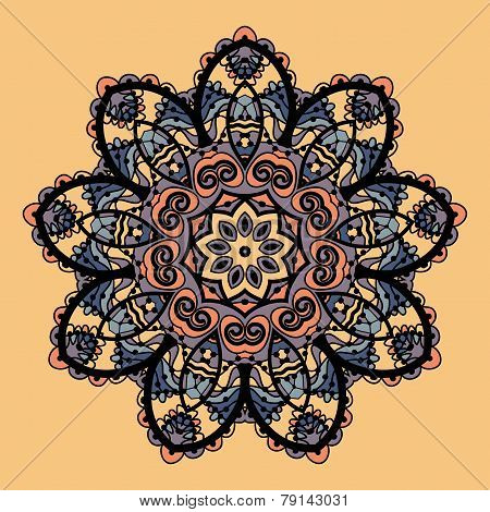 Stylized mandala vector. Flower like round ornate design over chokolate paper background