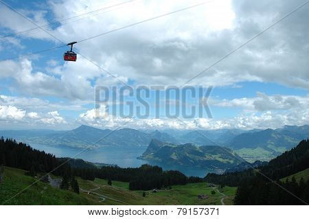 Gondola Lift, Lake And Mountains Nearby Luzern In Switzerland