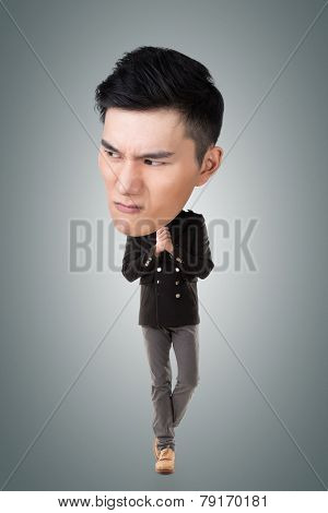 Funny Asian big head man, full length portrait.
