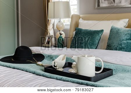 Black Tray Of Tea Set In Modern Bedroom