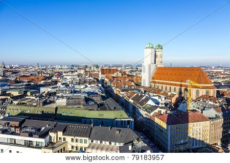 MUNICH, GERMANY - DEC 2, 2014: aerial of Munich with Frauenkirche in beautiful weather