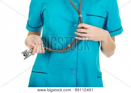 Caucasian woman doctor with stethoscope.