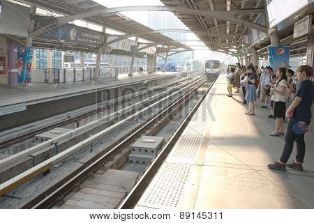 BTS sky train platform in rush hour with few people than usual