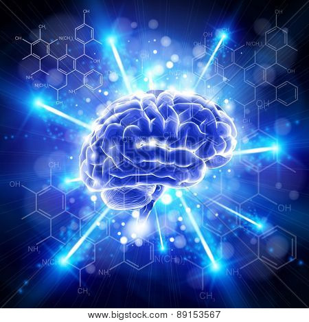 brain & formulas organic chemistry - blue technology concept