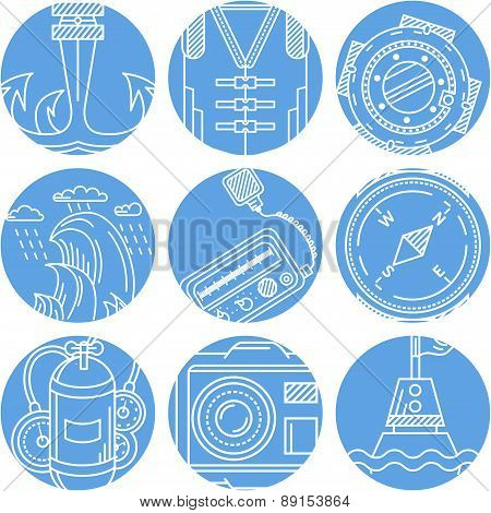 Marine elements round vector icons set