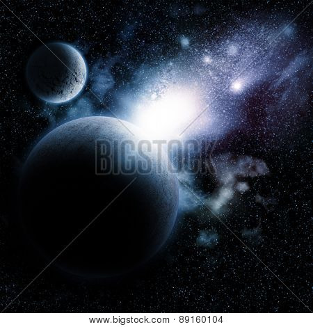 Space background with nebula and fictional planets