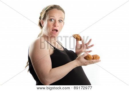 pregnant woman eating fast food, croissant, too much isolated on white background