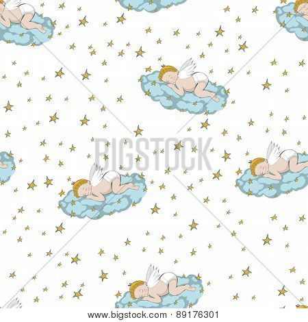 seamless background of the angel on a cloud