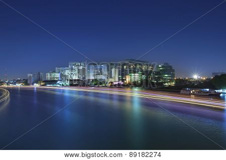Light Of Boat Running In River Painting Beautiful Light In Chao Phraya River With Sirirach Hospital