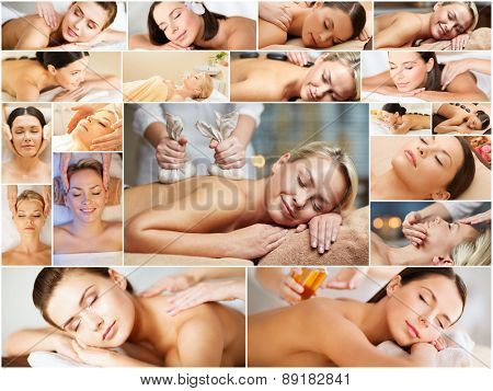beauty, healthy lifestyle and relaxation concept - collage of many pictures with beautiful young women having facial or body massage in spa salon
