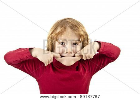 red hair child pulling face isolated on white background