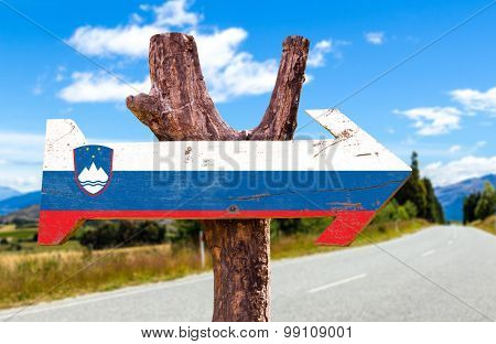 Slovenia Flag wooden sign with road background