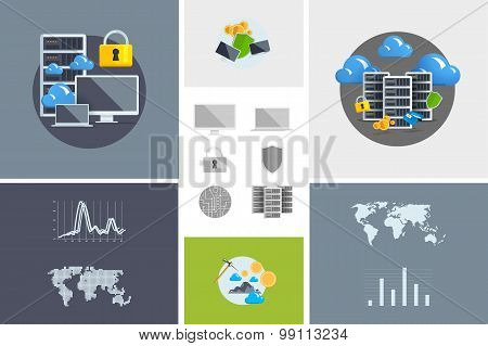 Flat Modern Design Vector Illustration And Icon. Concept Electronic Commerce. Bitcoin Mining. Cloud
