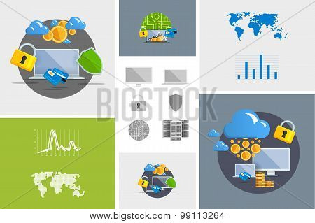 Flat Modern Design Vector Illustration And Icon. Concept Electronic Commerce. Bitcoin Mining. Cloud