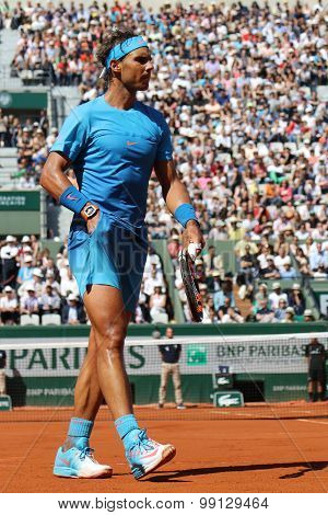 Fourteen times Grand Slam champion Rafael Nadal in action during match at Roland Garros 2015