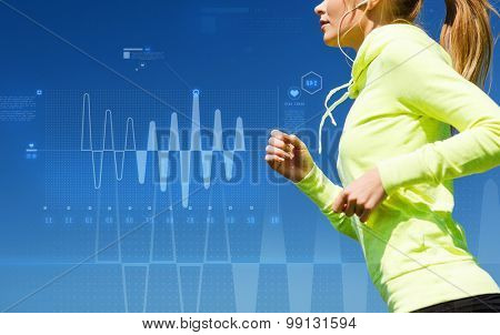 technology, sport, fitness, exercise and lifestyle concept - smiling woman doing running with earphones outdoors