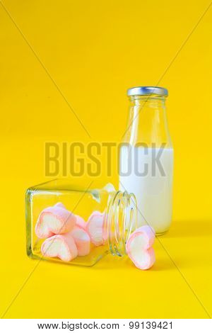 Banana Cake With Milk Bottle On Yellow Background