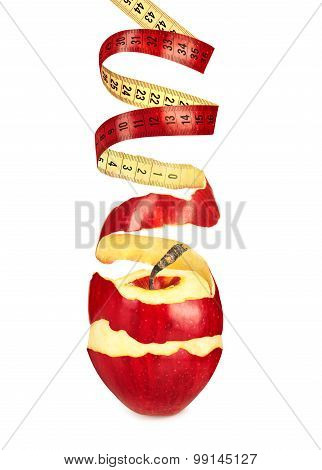 The Skin Of The Apple In A Spiral Shape Measuring Tape Isolated On White Background