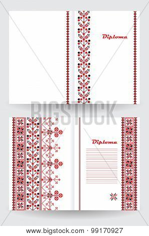 Certificate Or Diploma Template With Ethnic Ornament Pattern In White Red Black Colors
