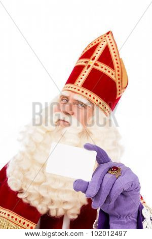 Sinterklaas with business card. isolated on white background. Dutch character of Santa Claus