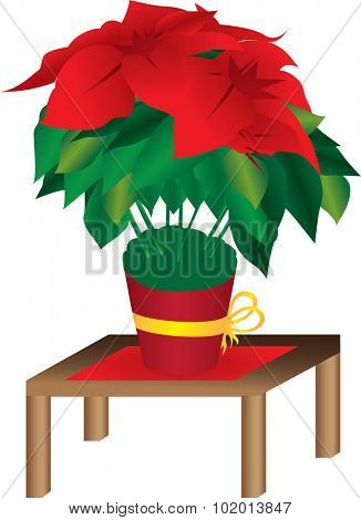 Illustration of red poinsettia flower blooming in pot on table, isolated on white background.