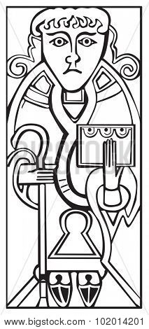 An old celtic symbol of Saint Luke holding a bible and a cane, isolated against a white background