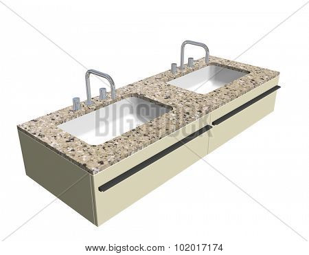 Modern washroom sink set with granite counter and chrome fixtures, 3d illustration, isolated against a white background