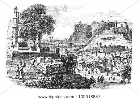 Canal and buildings at Hamburg,Germany vintage engraving. Old engraved illustration of beautiful view of Hamburg, during the 1800s. Trousset Encyclopedia.