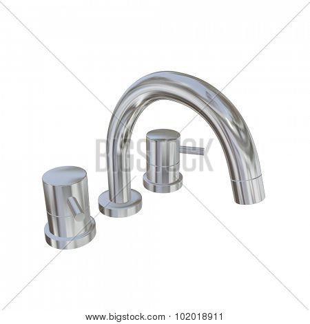 Modern faucet with chrome or stainless steel finishing, 3d illustration, isolated against a white background. Kitchen fixtures.