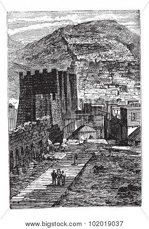 Derbent in Dagestan, Russian Federation, during the 1890s, vintage engraving. Old engraved illustration of Derbent. Trousset Encyclopedia