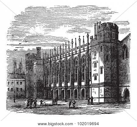 Christ's Hospital in England, during the 1890s, vintage engraving. Old engraved illustration of Christ's Hospital with people in front. Trousset encyclopedia (1886 - 1891)