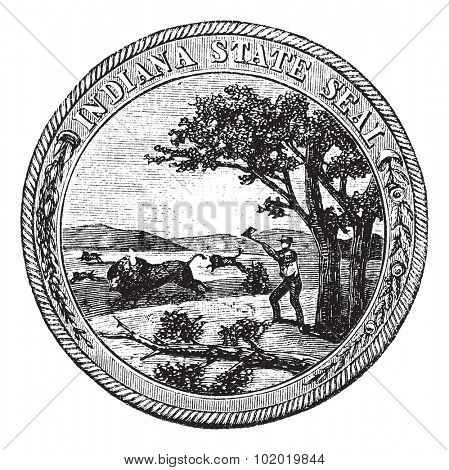 Seal of the State of Indiana , USA, vintage engraving. Old engraved illustration of Seal of the State of Indiana isolated on a white background. Trousset encyclopedia (1886 - 1891)