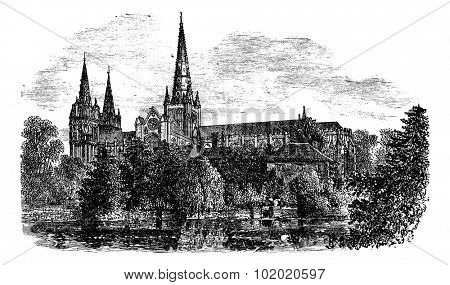 Lichfield Cathedral, Lichfield, Staffordshire, England. vintage engraved illustration. Trousset encyclopedia (1886 - 1891).