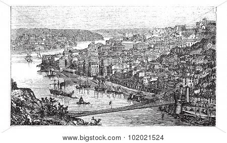 Oporto City, Portugal, vintage engraved illustration, in the late 1800s.  Trousset encyclopedia (1886 - 1891).